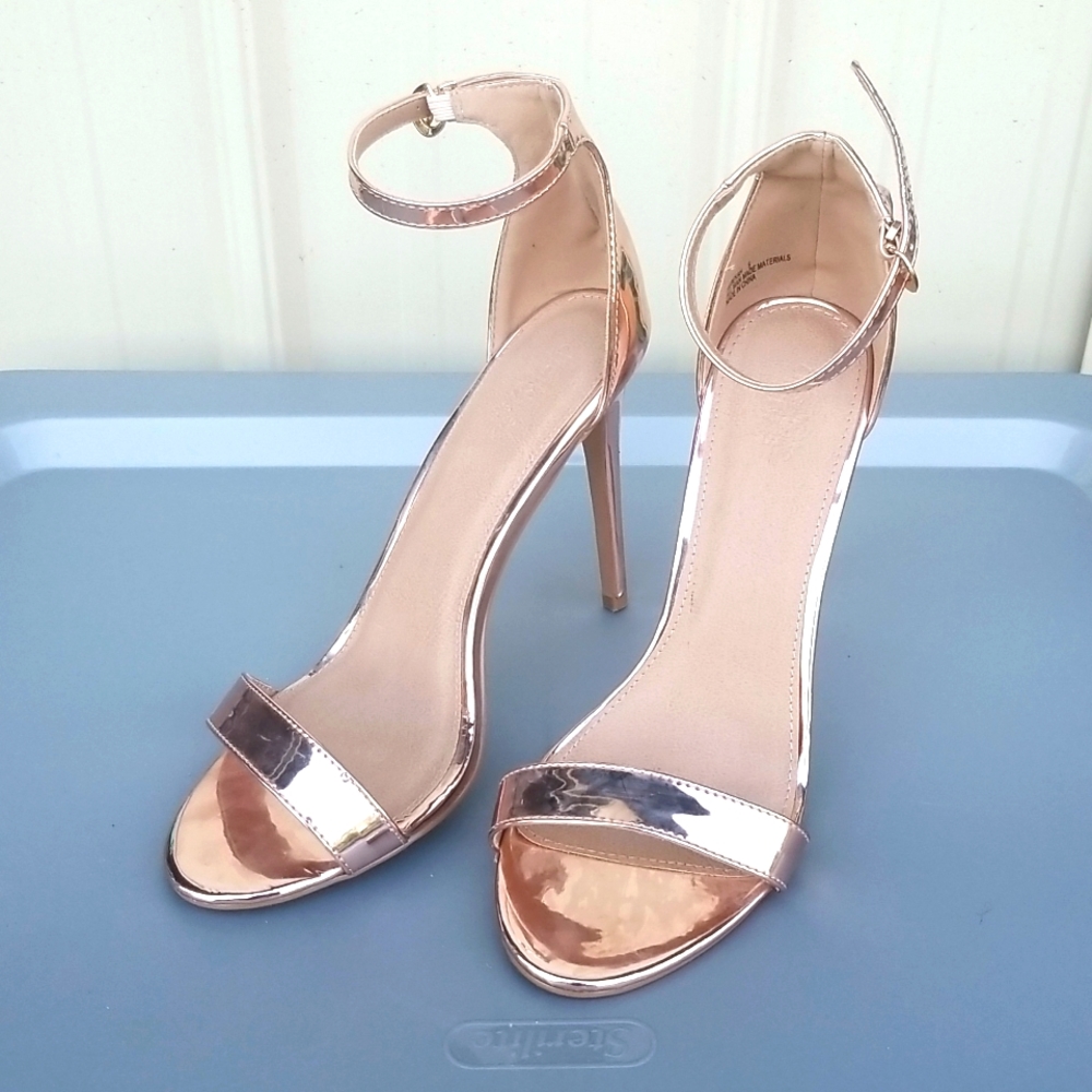 Charlotte Russe pink chrome strappy stiletto sandal heels